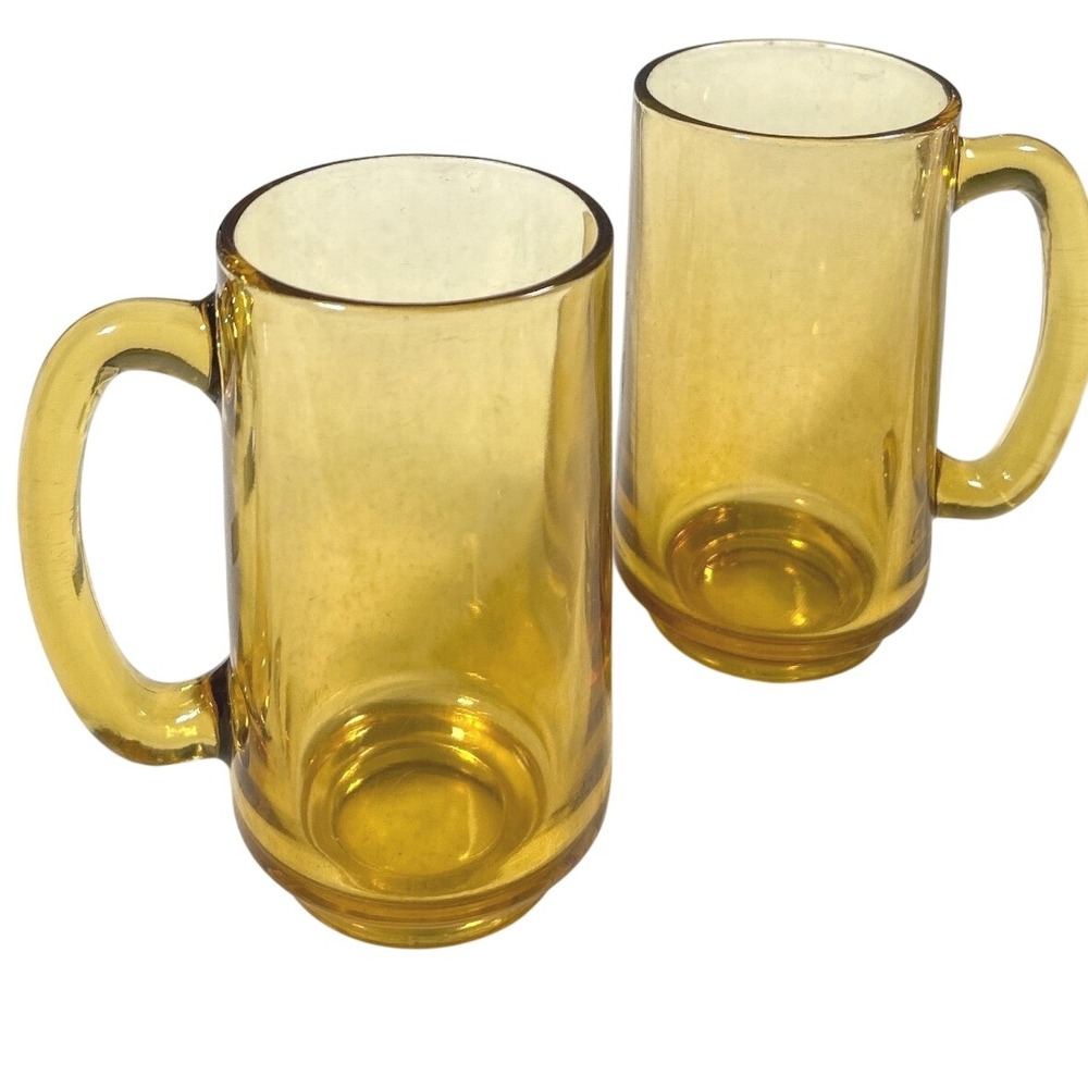 Vintage Hazel Atlas ?? Amber Glass Mugs Beer Steins Golden Yellow MCM Set/2